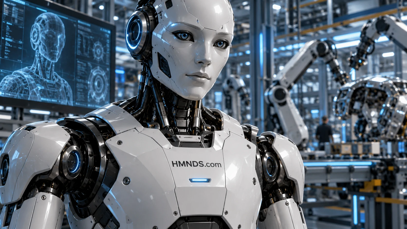 Humanoid robot in a detailed industrial robotics environment